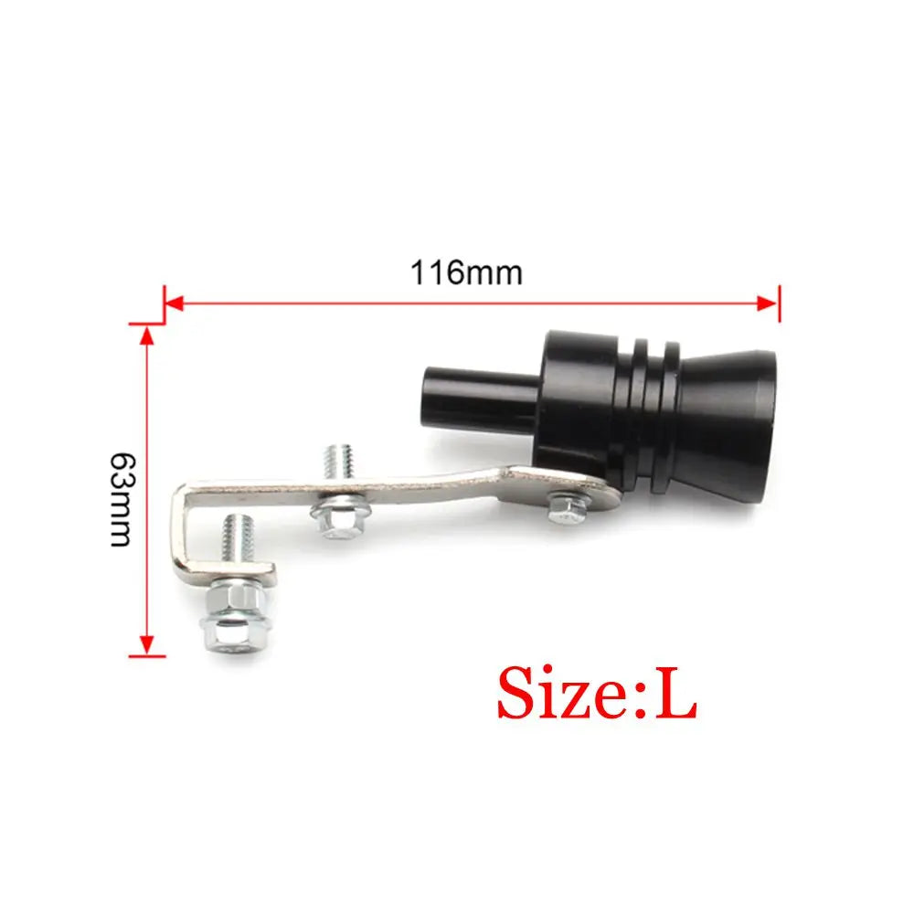 Black turbo sound exhaust whistle with mounting hardware, measuring 116mm long.