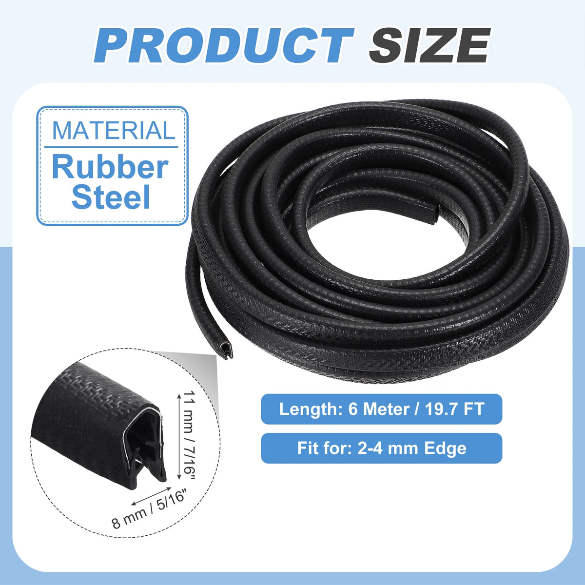 Perfil de acero de goma negra que muestra el material, dimensiones y ajuste para bordes de 2-4 mm.