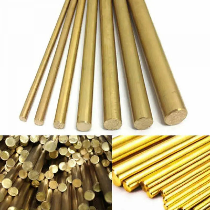 A close-up view of various brass round rods used for DIY craft and jewelry making.