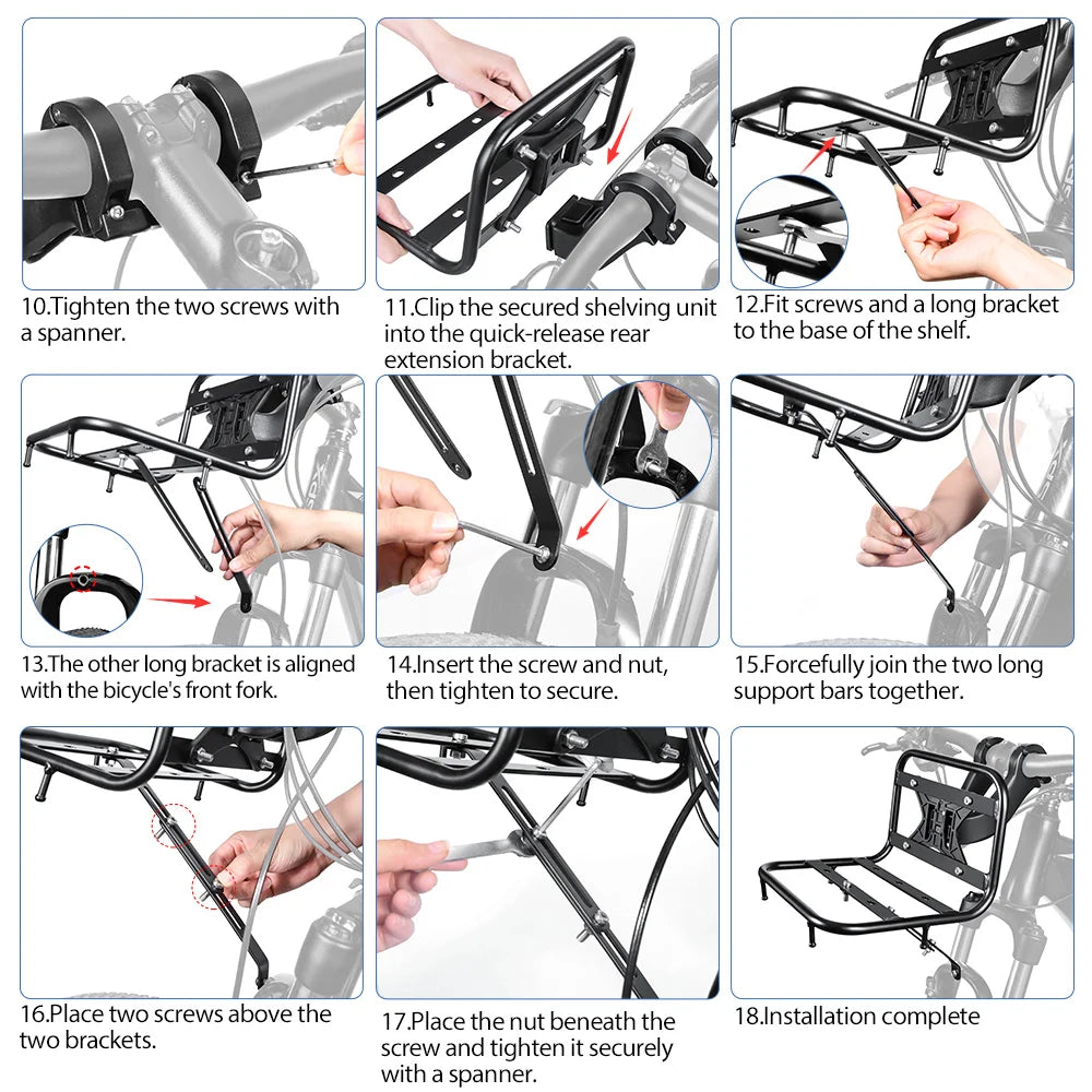 Step-by-step instructions showing how to install a durable iron front rack for bicycles.