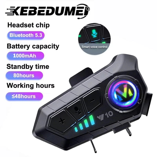 A black headset chip with a glowing purple light and buttons, shown next to specifications for Bluetooth 5.3 connectivity.