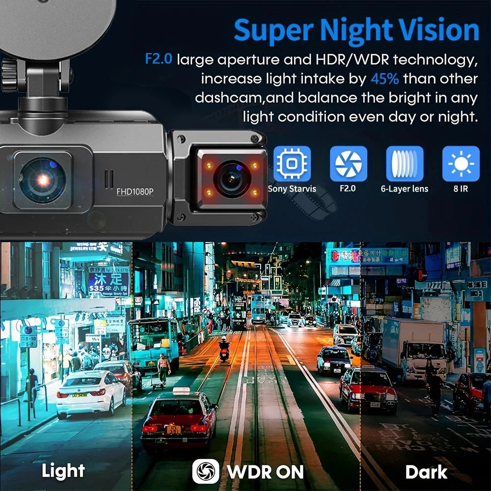 Gros plan d'une caméra dashcam Super Night Vision avec technologie de lentille F2.0 enregistrant les conditions de lumière et