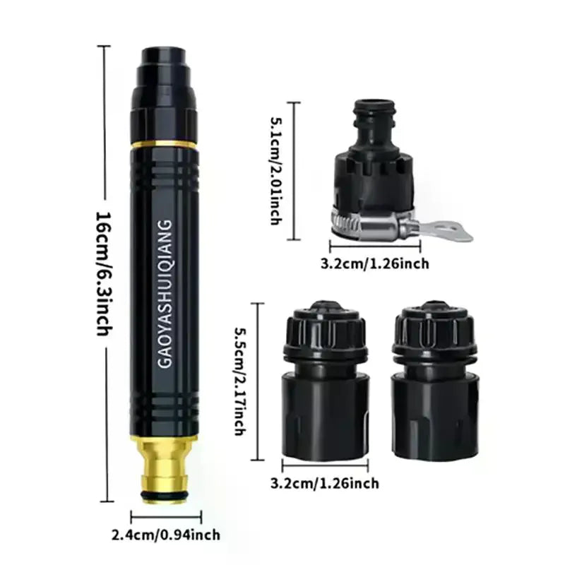 A set of black and gold high-pressure water spray and watering kits with various sizes shown vertically and horizontally.