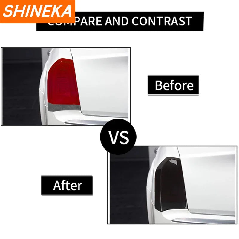 Comparación de cubiertas de luz trasera ahumadas negras antes y después para un Chrysler 300C.