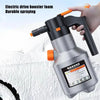 A hand is holding a black electric drive booster foam sprayer with an orange nozzle, ready for durable spraying.
