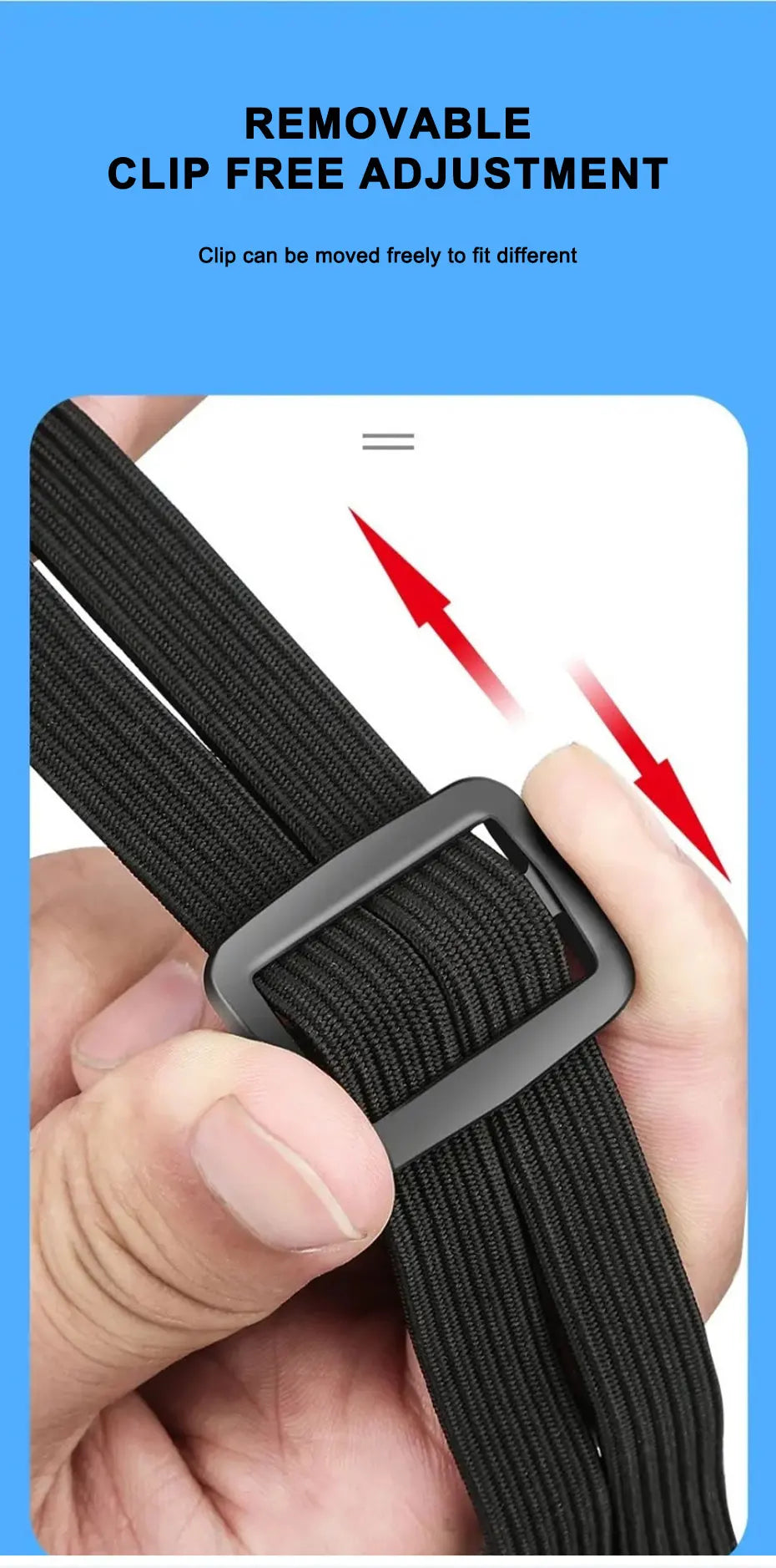 A close-up of a black heavy duty motorcycle seat strap kit being adjusted on a hand.