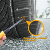 A hand uses a tool to inspect a rubber tire for damage, showing no damage after repair.