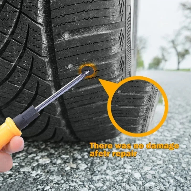 A hand uses a tool to inspect a rubber tire for damage, showing no damage after repair.