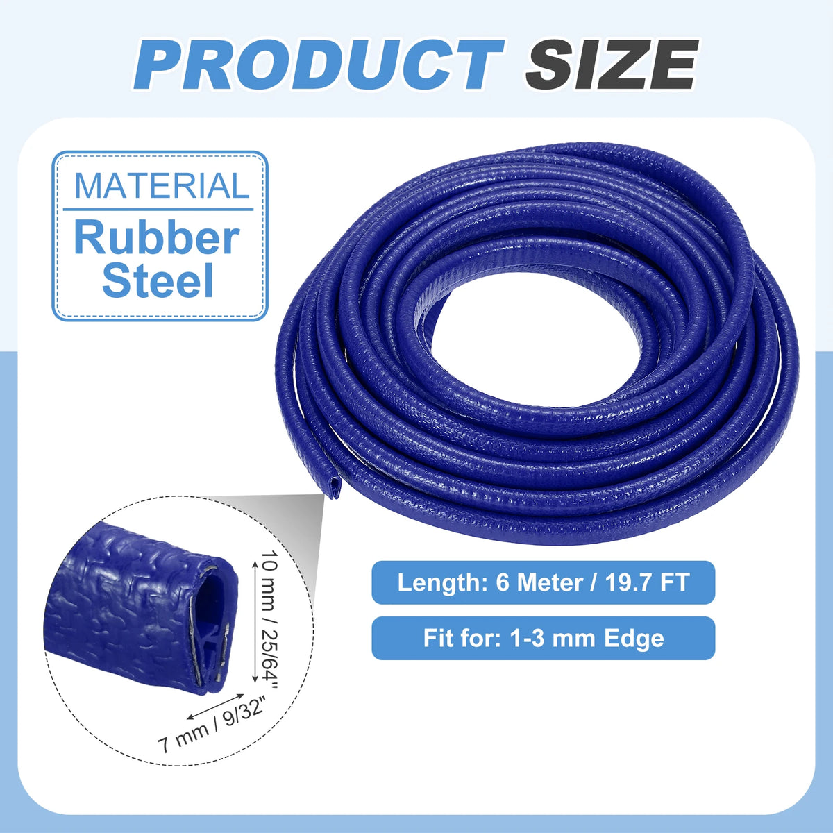 Perfil de acero de goma azul enrollado para sellar con 6 metros de largo y adecuado para bordes de 1 a 3 mm.