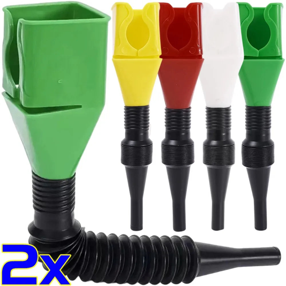 A set of four yellow, red, white, and green universal car fuel transfer funnels with black threaded bases.