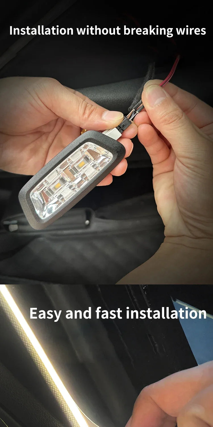 Mains installant une bande de phares LED haute luminosité dans l'habitacle d'une voiture