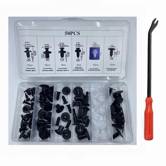 A clear plastic box containing various sizes of auto fastener clips and a single clip tool.