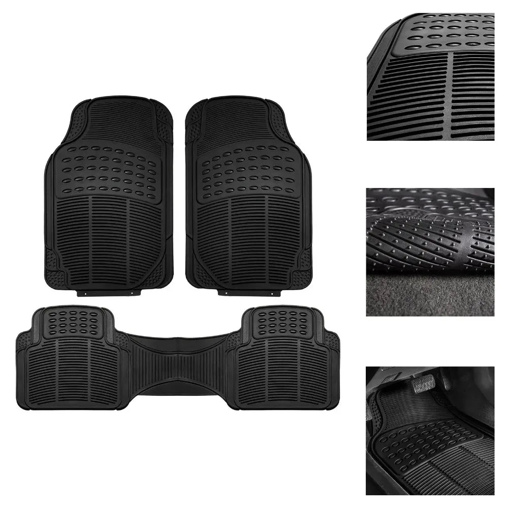 A three-piece set of heavy-duty rubber floor mats shown from various angles.