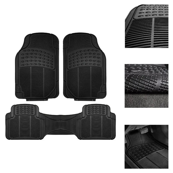 A three-piece set of heavy-duty rubber floor mats shown from various angles.