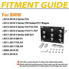 Fitment guide showing various BMW models and years for a no-drill front tow hook license plate mount product.