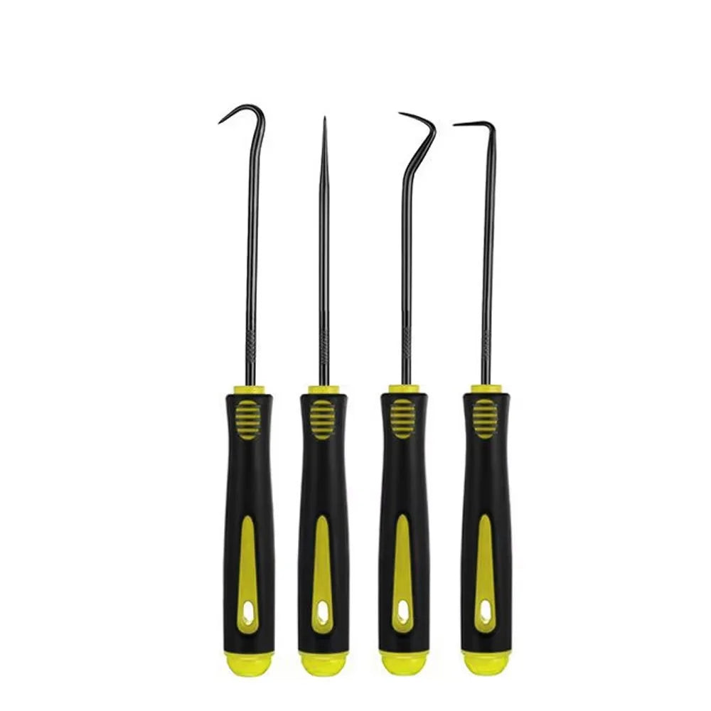 A set of precision oil seal and O-ring removal hooks with black handles and silver tips.