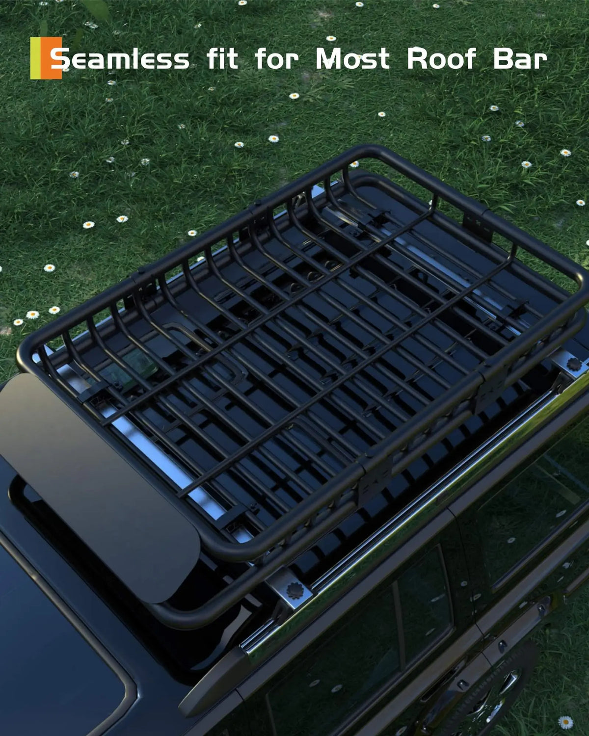 A close-up view of a black heavy-duty roof bar or cargo basket installed on a vehicle, designed for a seamless fit.