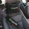 A black shoulder cushion with the name Giulietta embroidered in green and red on a car seat belt.
