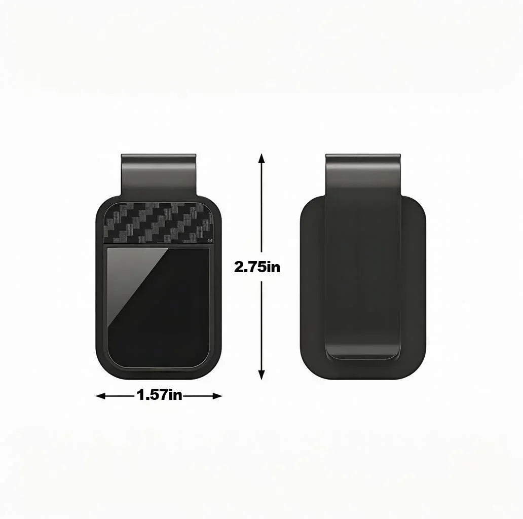 A black car sun visor glasses clip holder with a textured pattern and dimensions shown.