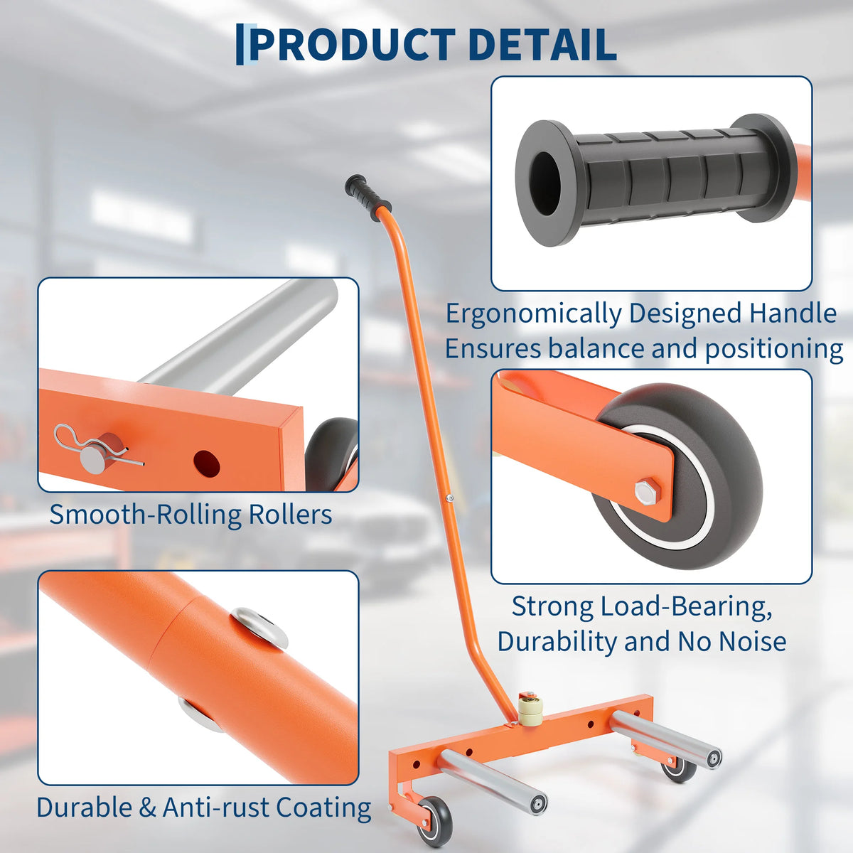 An orange heavy duty adjustable tire dolly with smooth-rolling rollers and durable coating.
