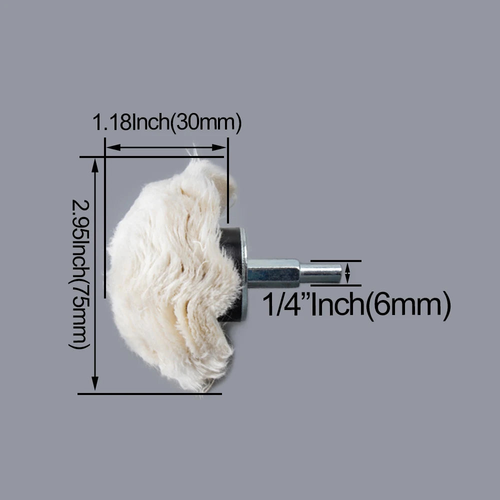 A white 1/4 inch polishing wheel with a cylindrical shaft, shown with dimensions.