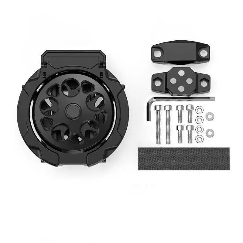 Black foldable motorcycle cup holder bracket with mounting hardware and rubber grip pad