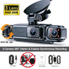 Caméra dashcam noire à 3 caméras avec lentille rotative et support pour enregistrement synchronisé intérieur/extérieur.