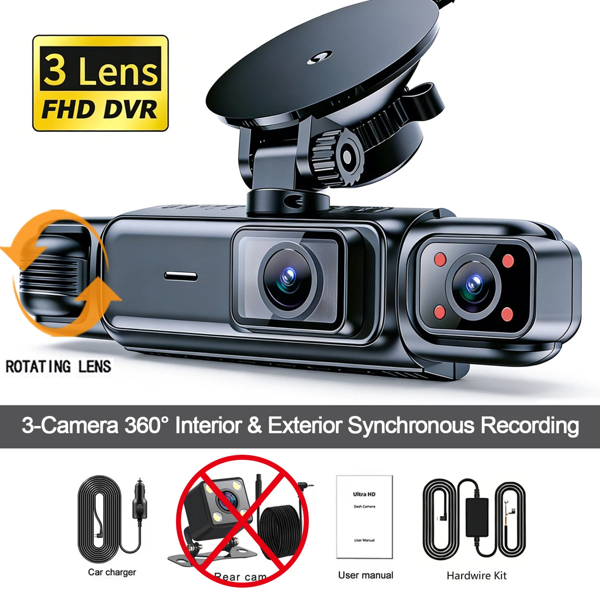 Caméra dashcam noire à 3 caméras avec lentille rotative et support pour enregistrement synchronisé intérieur/extérieur.