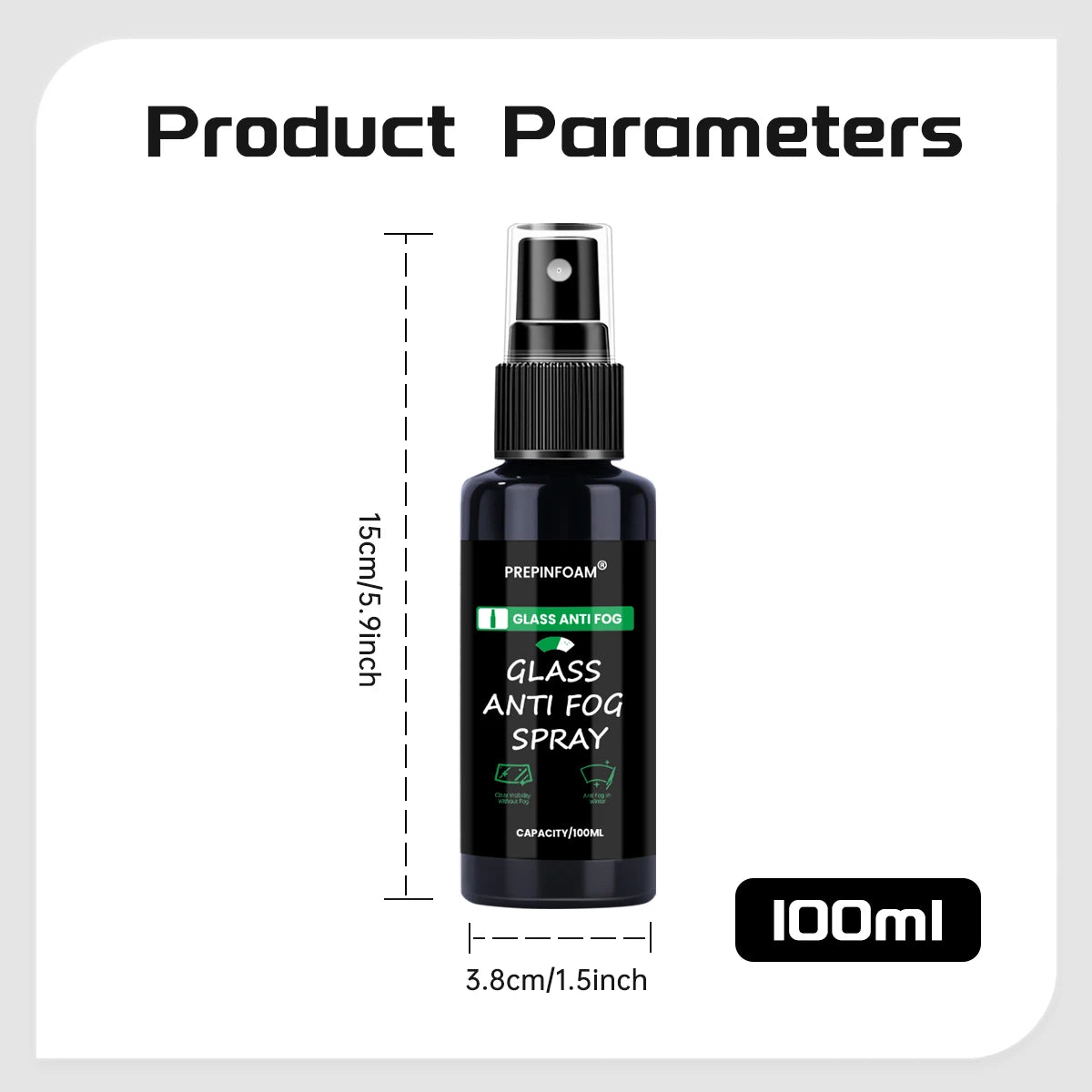 A bottle of Glass Anti Fog Spray with a black dropper cap and a white label, shown against a white background.