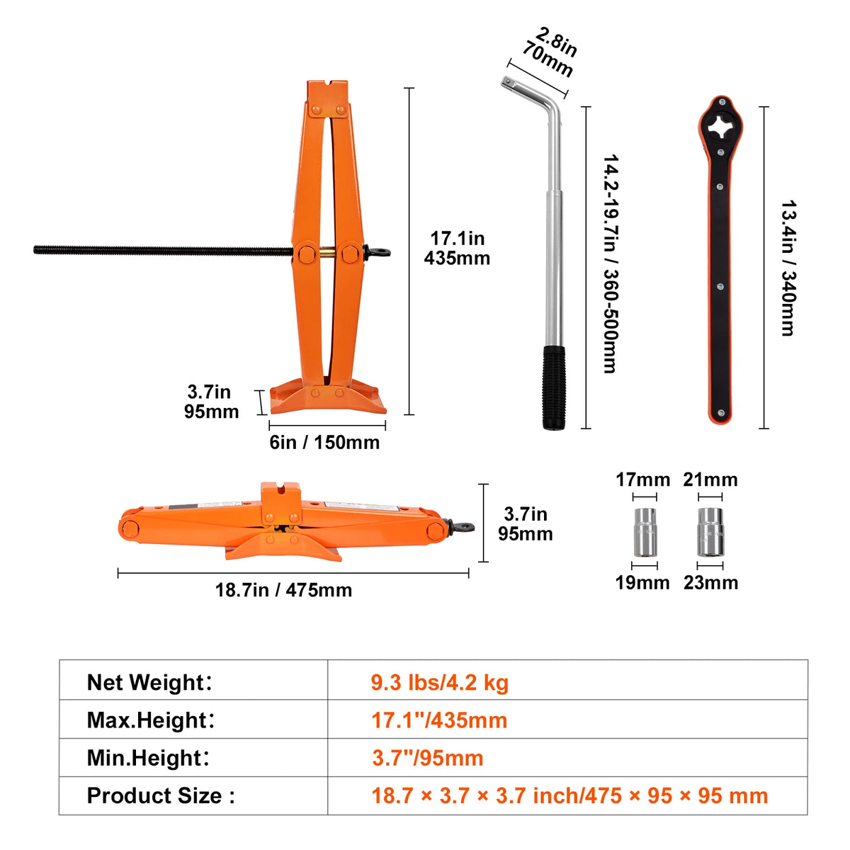 Kit de cric pour voiture orange, usage lourd avec composants et dimensions.