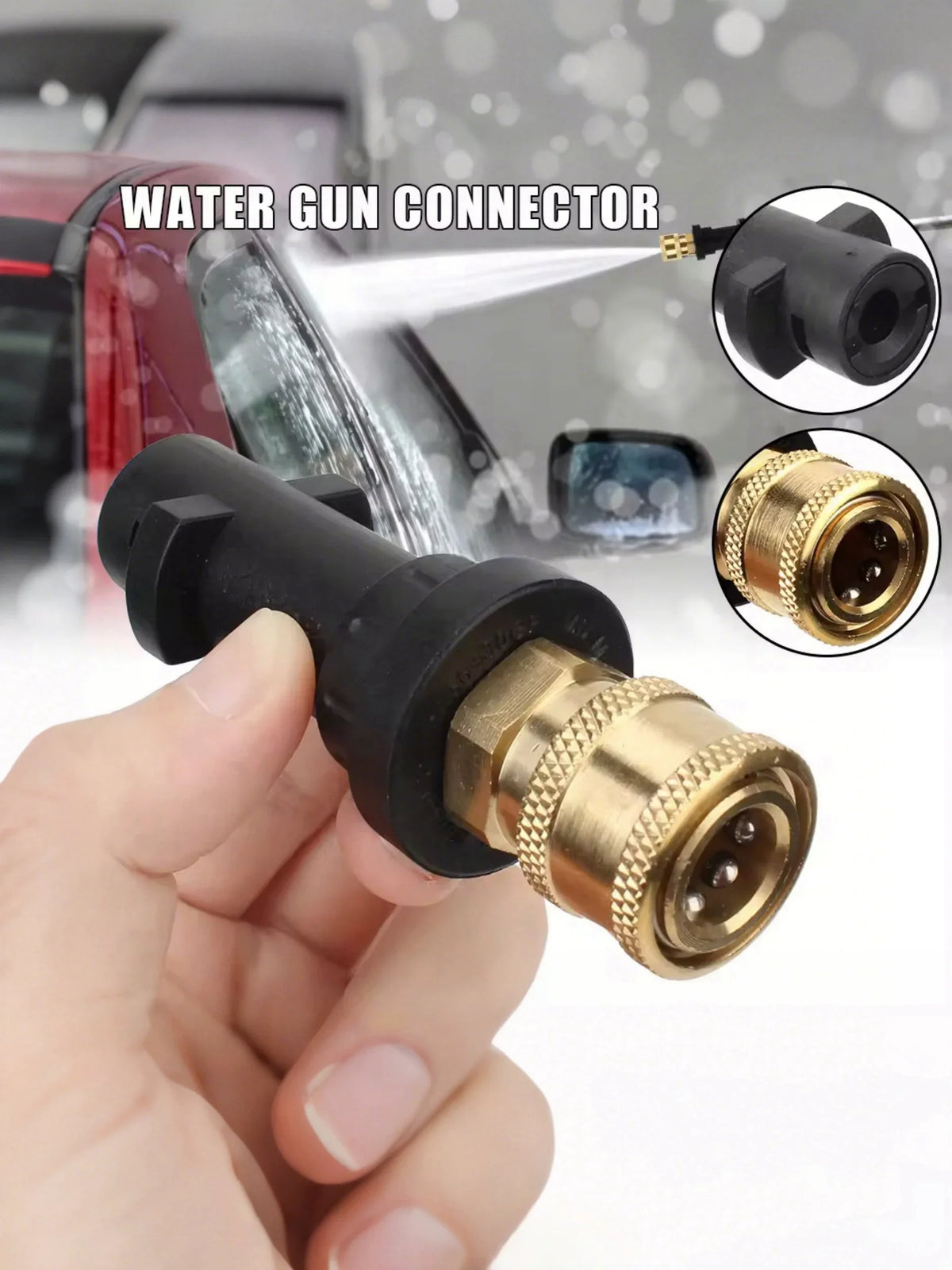 Una mano sostiene un adaptador de conector para una pistola de agua de una hidrolavadora, mostrando las partes macho y hembra