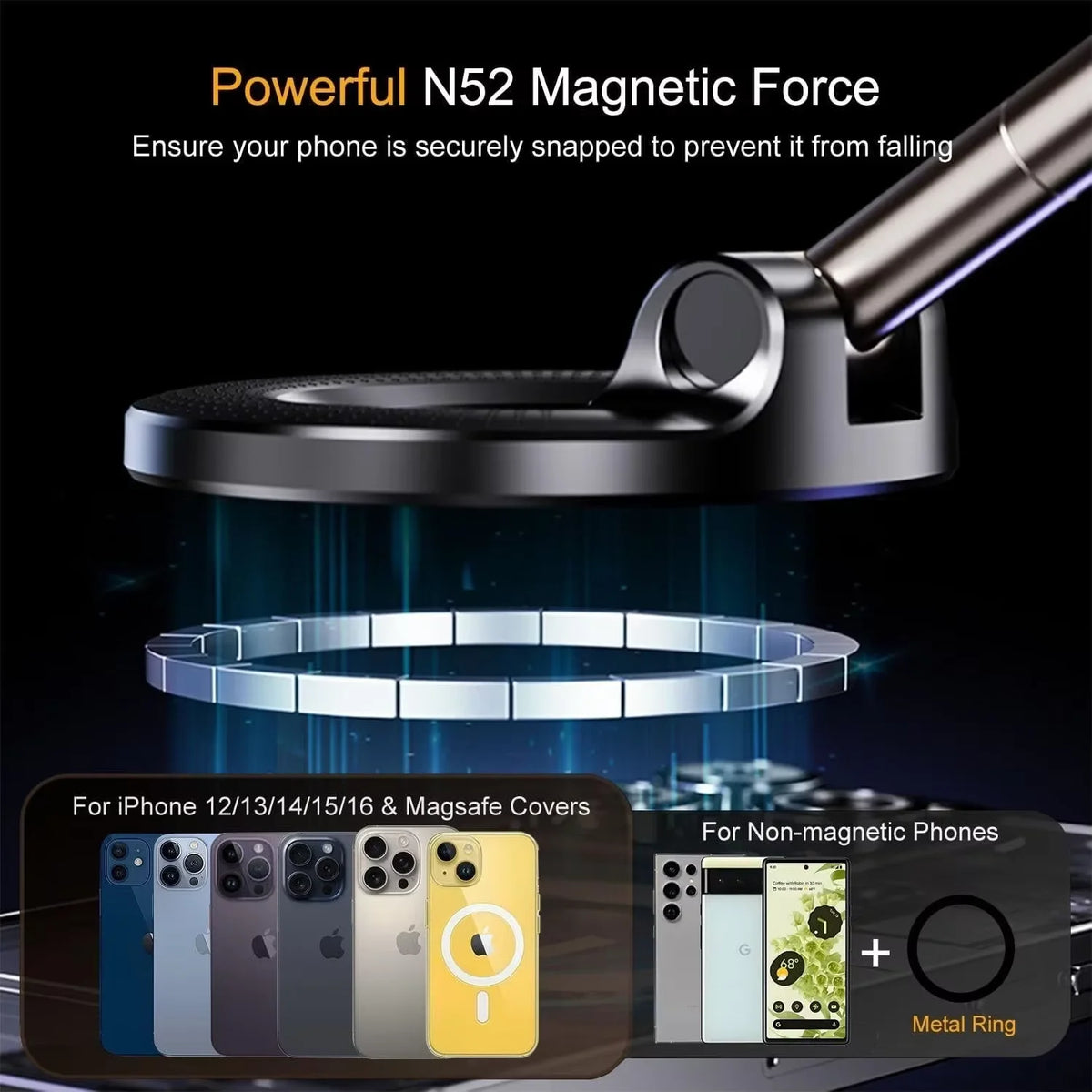 A magnetic phone mount device is shown with a metal ring and various smartphone covers for secure mounting.
