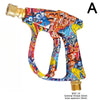 A high-pressure washer gun with a foam cannon and nozzle set featuring a colorful, abstract design.