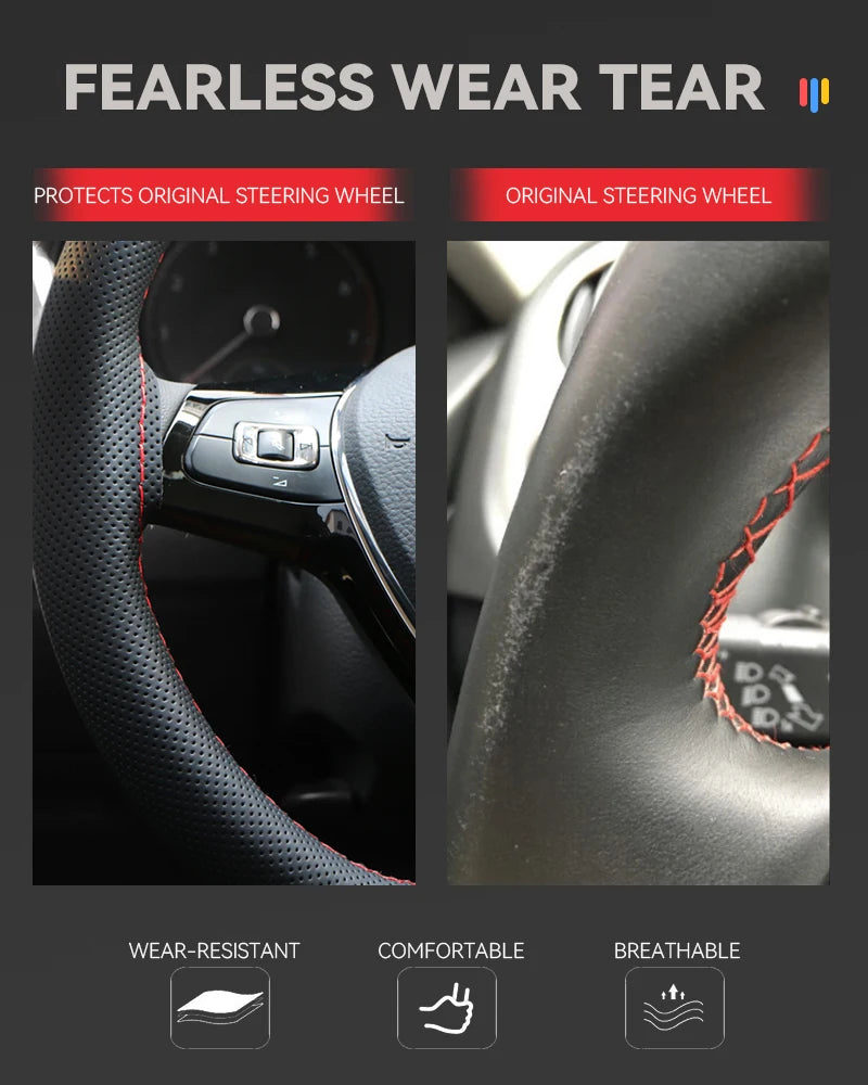 Close-up view of a black steering wheel cover designed to protect the original steering wheel, featuring wear-resistant and b