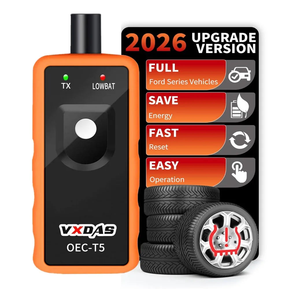 Jauge de pression de pneus orange et noir avec graphique de version mise à jour 2026 et pneus.