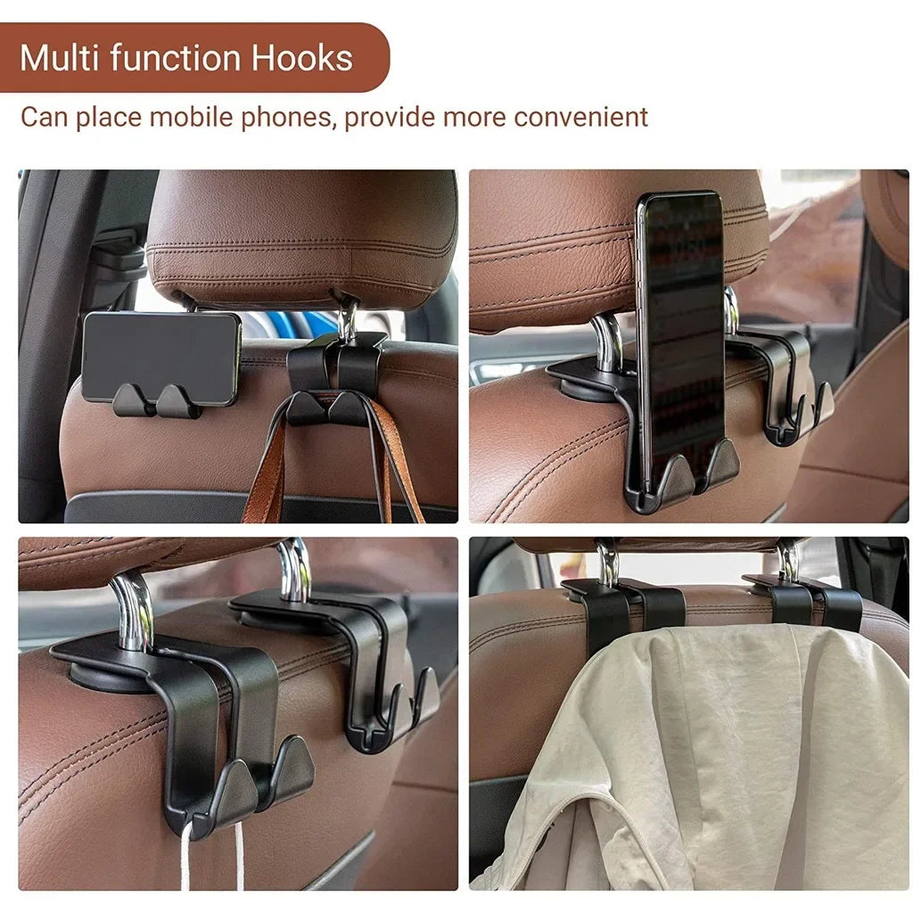 Multi function hooks for car seats allowing placement of mobile phones and other items.
