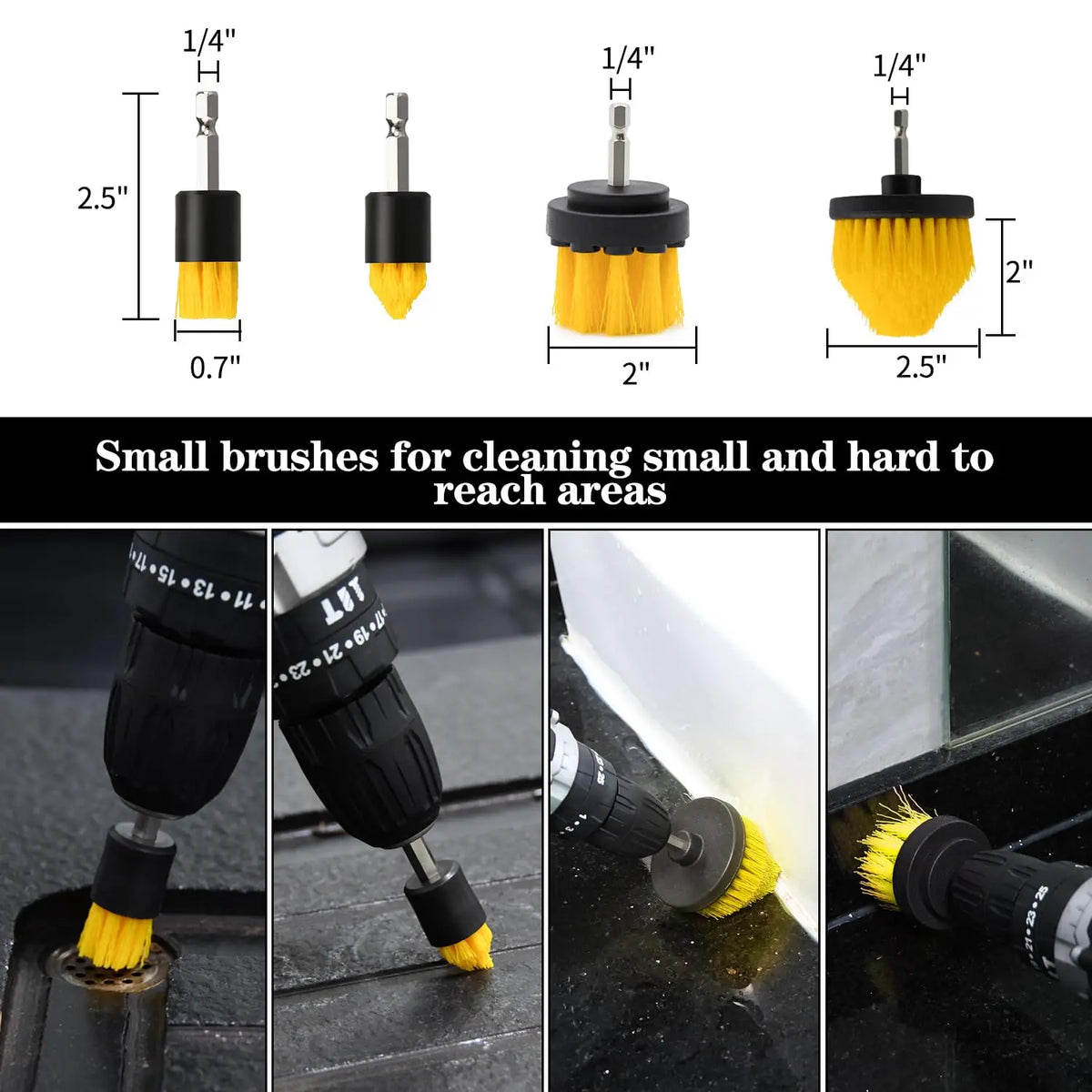 A set of small yellow and black cleaning brushes for reaching hard-to-clean areas.
