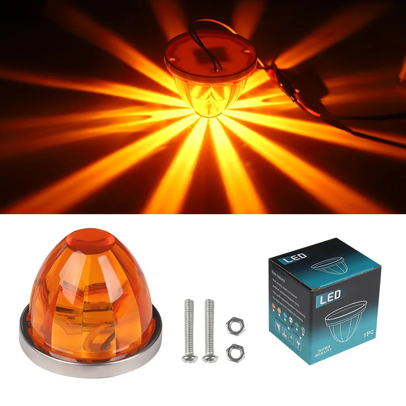A universal DC side marker light assembly with a clear orange lens and mounting hardware.
