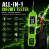 A green portable all-in-one circuit tester with a digital display and various testing probes is shown against a green lightni