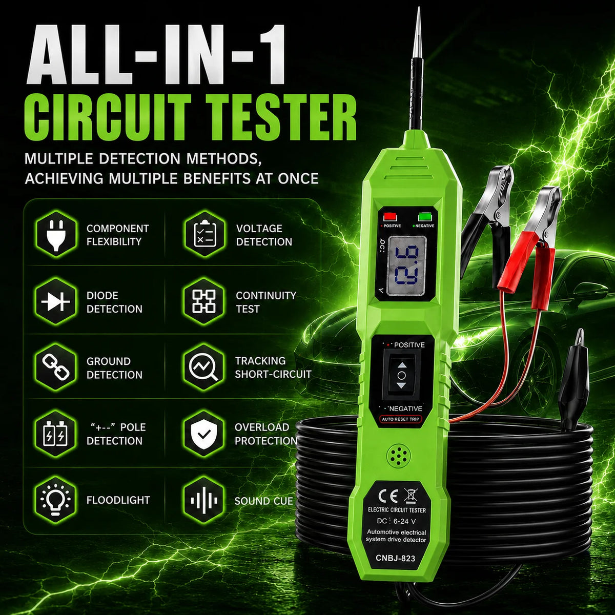A green portable all-in-one circuit tester with a digital display and various testing probes is shown against a green lightni