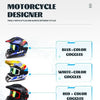 Trois casques de moto tout-terrain à face complète noirs et accentués, montrant différents styles assortis.