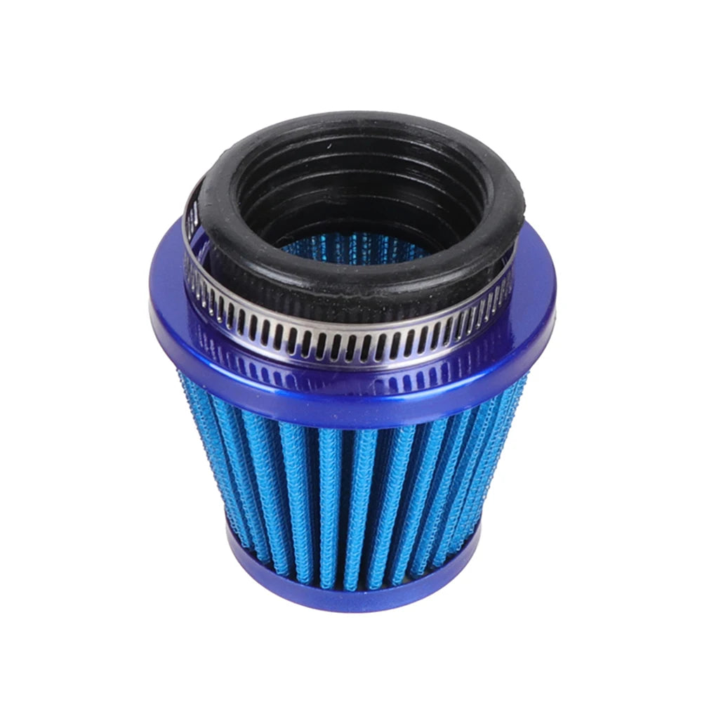 Kit d'admission de filtre universel moto bleu et noir avec ouverture filetée et élément filtre en maille bleue.