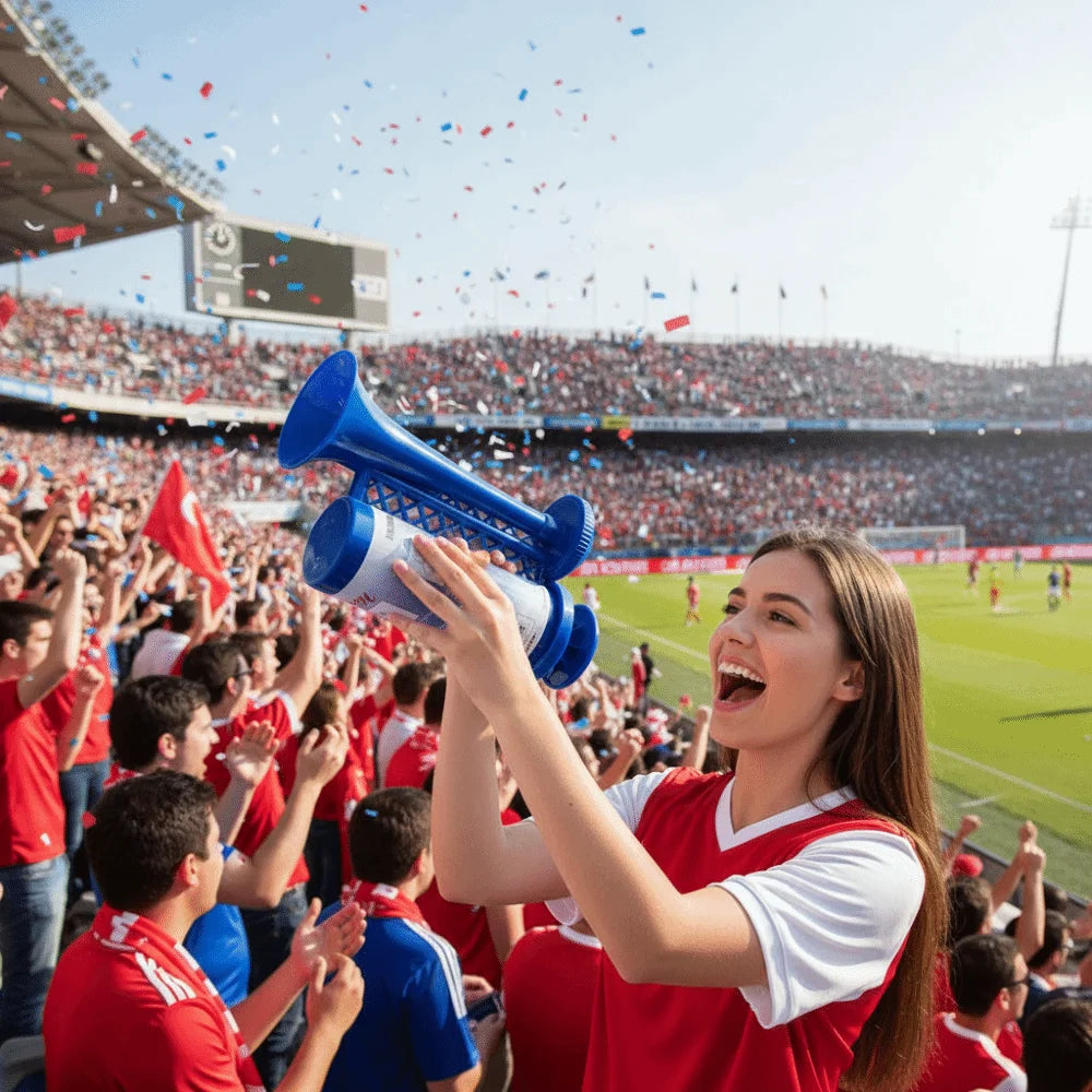 A young woman in a red sports jersey is blowing a blue air horn in a crowded stadium setting.