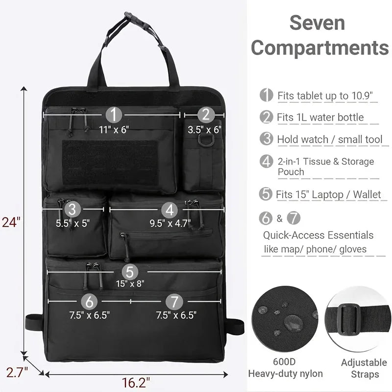 Black tactical luggage organizer bag with seven compartments and adjustable straps