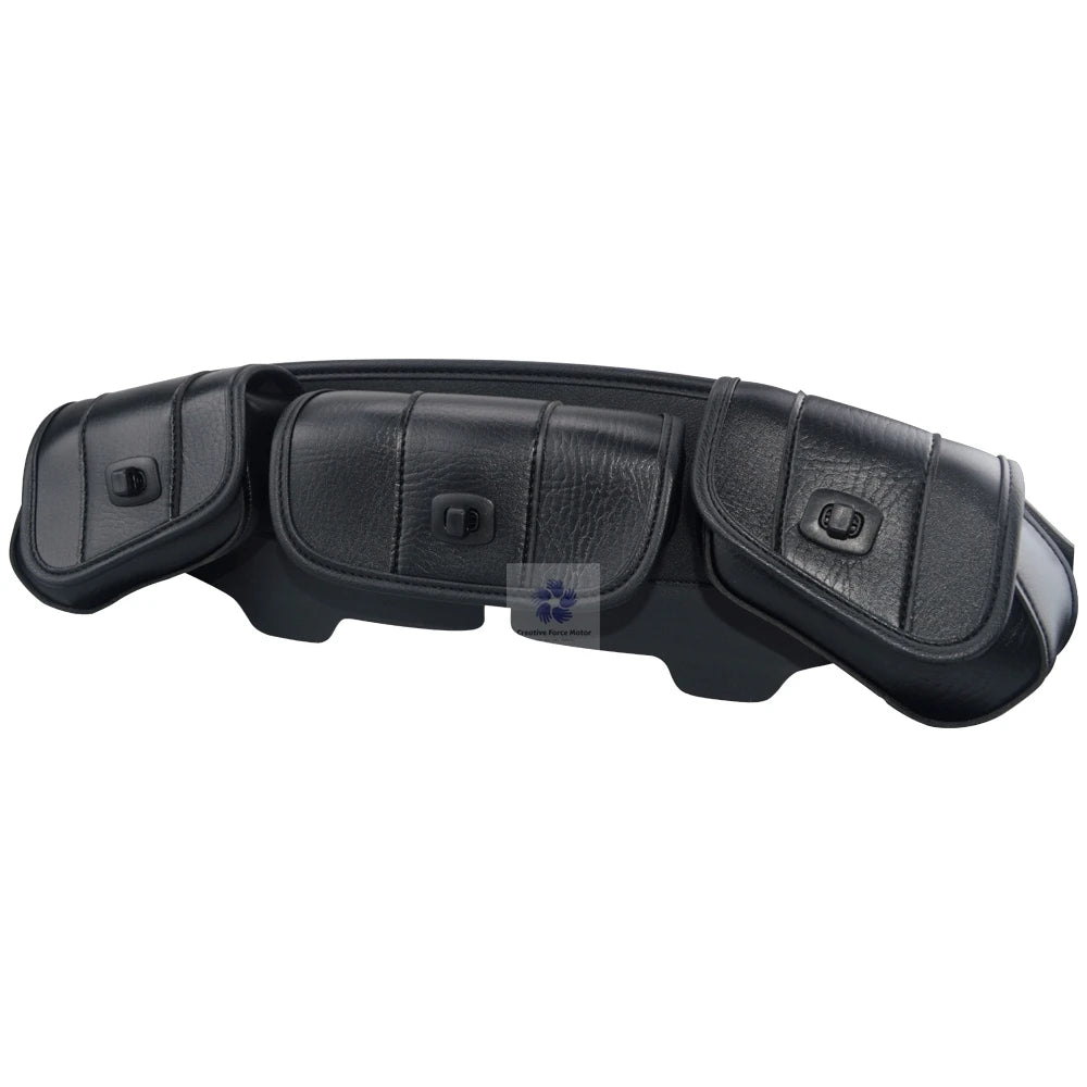 Black motorcycle windshield fairing storage bag with padded compartments