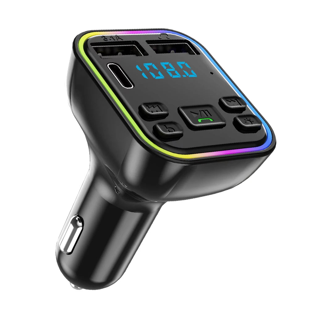 A black Bluetooth 5.0 car audio transmitter device with a digital display showing 1000.