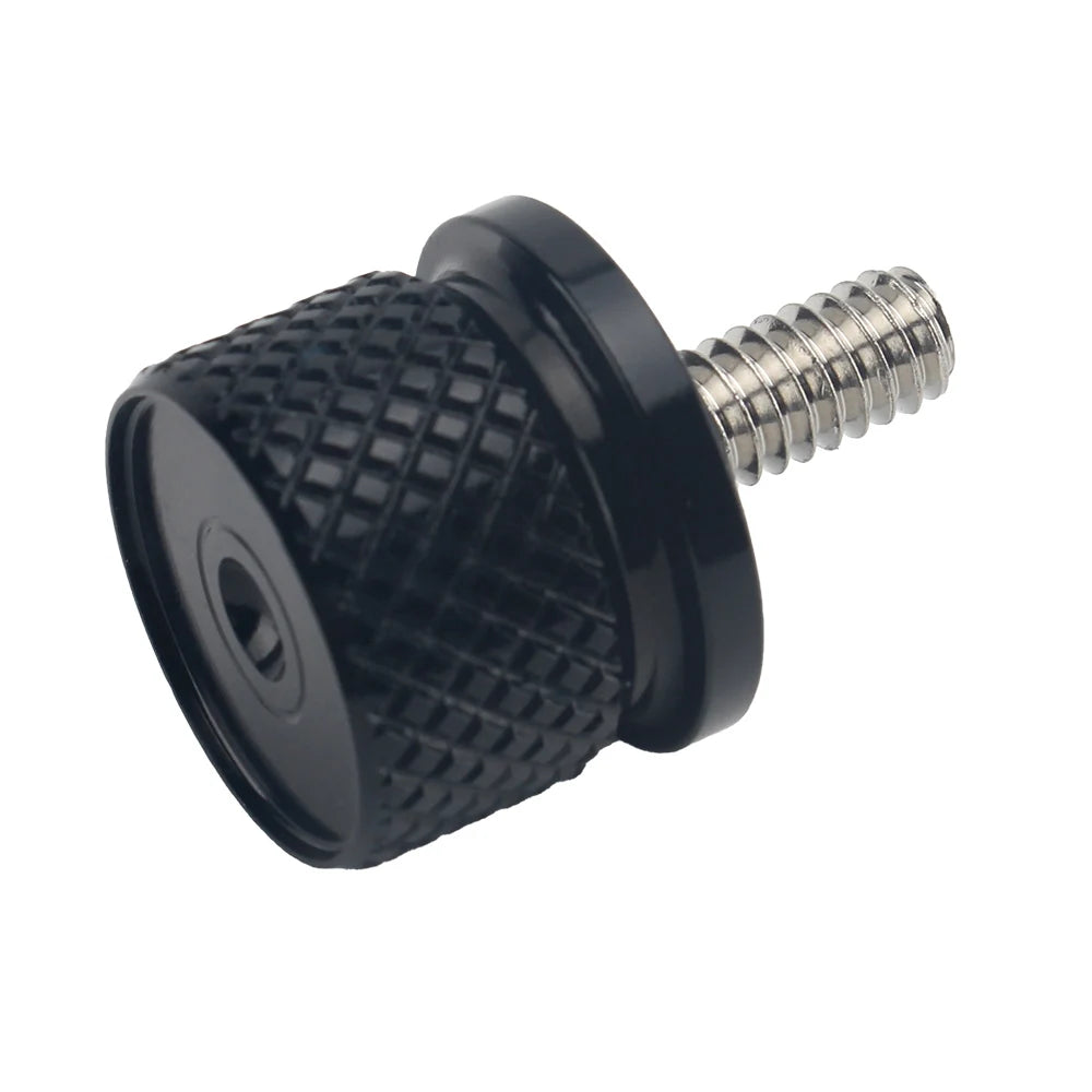 Black aftermarket motorcycle seat and fender bolts with a threaded metal stud.