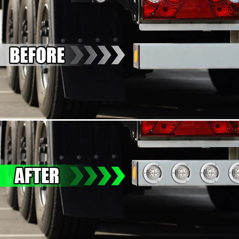 Before and after comparison of heavy duty LED marker strobe lights on a vehicle