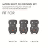 Three black leather key covers showing 4, 5, and 6 button designs for Chevrolet and GMC trucks