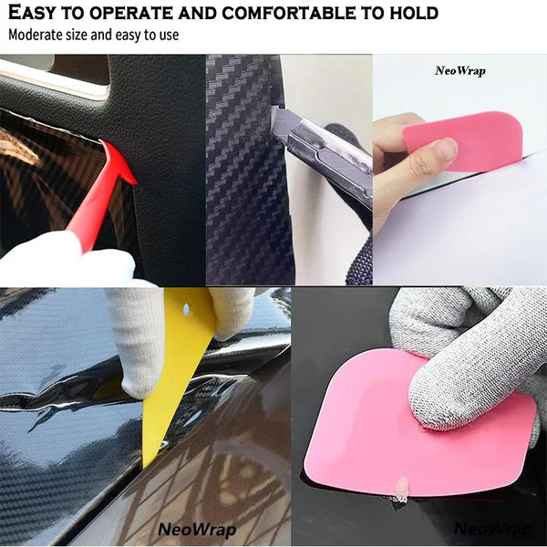 A hand is using a NeoWrap tool to apply window tint or vinyl wrap on a car surface.